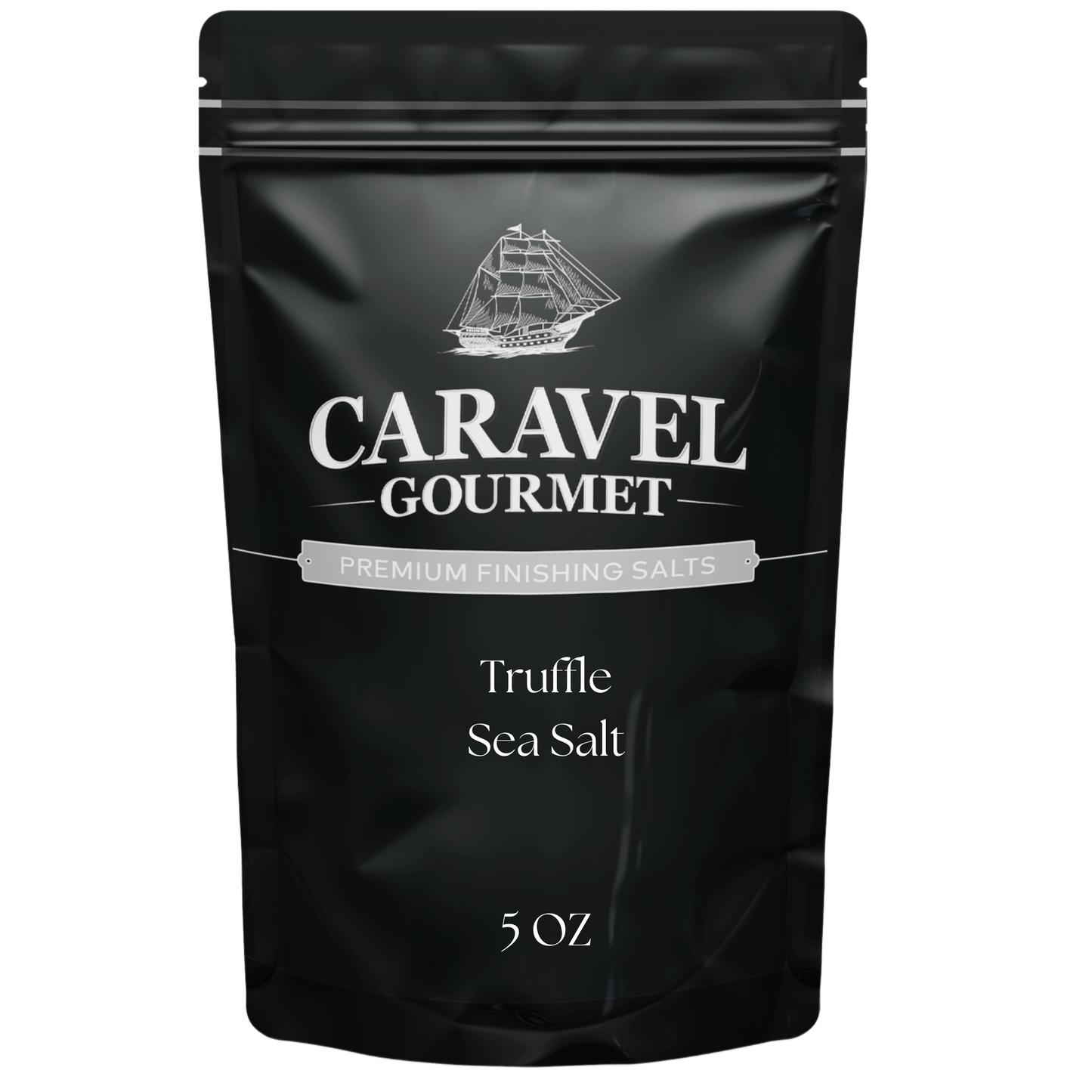 Truffle Sea Salt 5 oz Pouch by Caravel Gourmet, premium finishing salt for enhancing flavors in dishes.