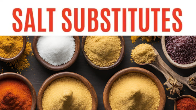 What Are the Best Salt Substitutes? Variety of spices and alternatives to salt in bowls on a wooden table.