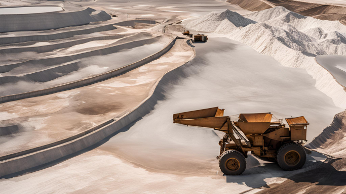 A large mining truck at a salt mine, illustrating the environmental impact of salt mining.