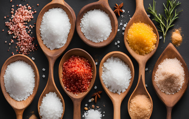 How to Choose the Right Salt for Cooking with various salt types in wooden spoons.