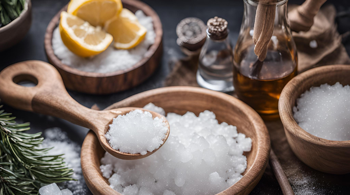 How to De-Ice Naturally with Salt ingredients including salt, lemons, and natural oils in wooden bowls.