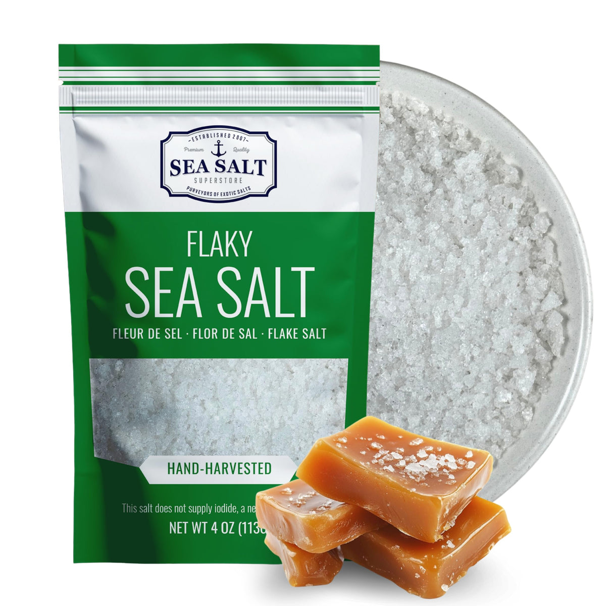 Mini Sacket Salt Mini Flake Sea Salt - 4 oz Pouch with flaky sea salt and caramel candy ...