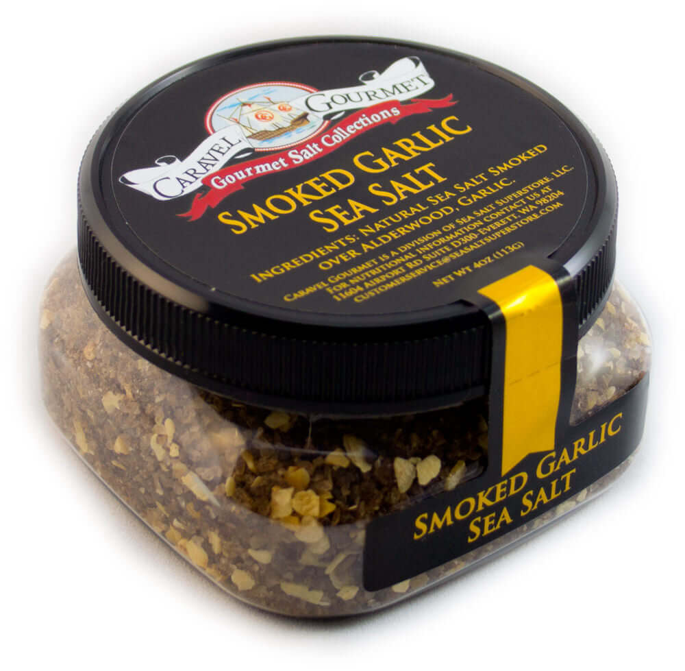 Smoked Garlic Sea Salt - Fine - 4 oz - Stackable Container - Caravel Gourmet - Case of 6